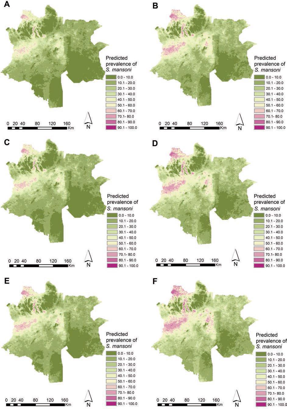 Figure 3.3: Predicted Schistosoma mansoni infection prevalence in the four study regions of western Côte d'ivoire.