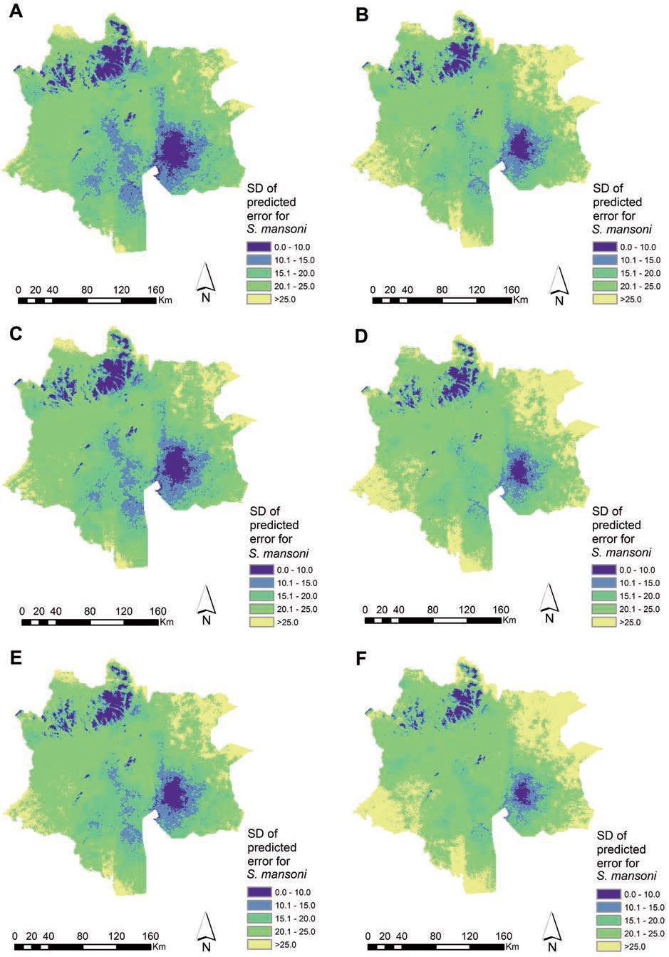 Figure 3.4: Prediction uncertainty of the posterior predictive distribution of Schistosoma mansoni infection prevalence in western Côte d'ivoire.