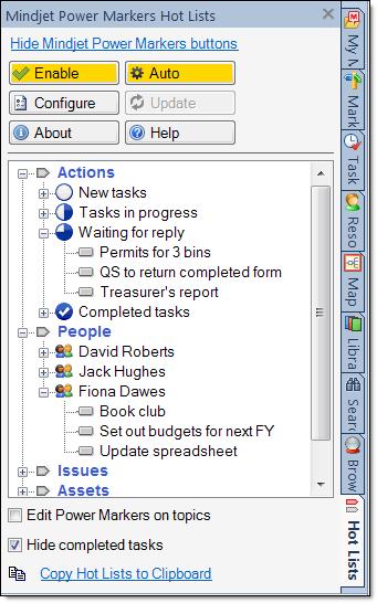Working with the Hot Lists The Hot Lists task pane is displayed either by clicking the Hot Lists task pane tab, or by choosing it from the task panes button in the MindManager status bar (at the