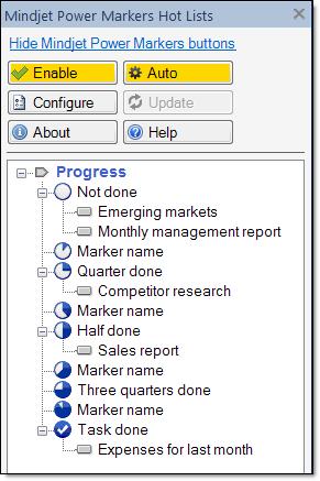 11. You can now change the Power Markers on the map from the Hot Lists pane. Select a topic in the map, then click one of the Power Markers (e.g. "Quarter done") in the Hot Lists pane.