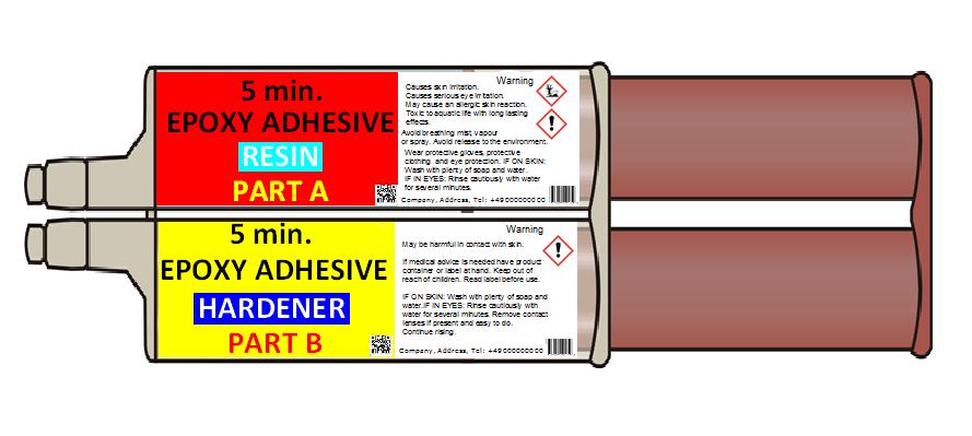 7 8 9 0 7 8 9 0 7 Picture. Two-component adhesive sold as a kit. In this type of situation two separate labels need to be affixed to the containers (one label for each mixture (in a container)).