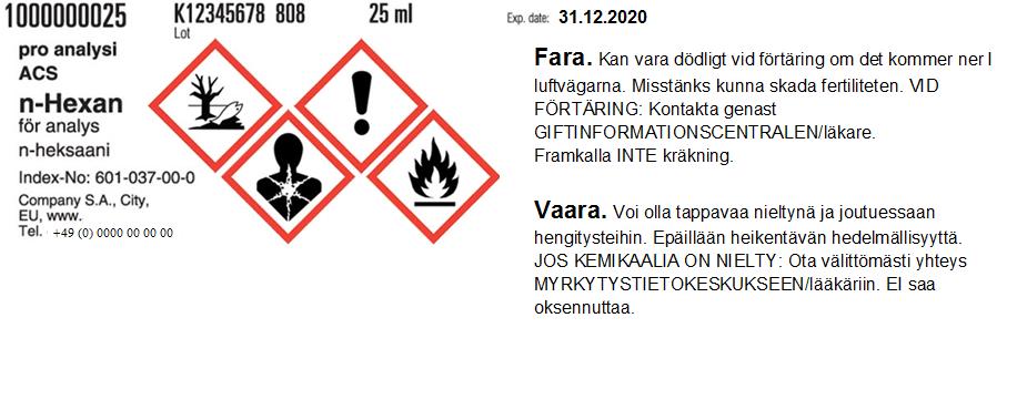 No omissions, but full range of hazard pictograms Small packaging exemptions: reduced set of hazard and precautionary statements, grouped together on the label by language.