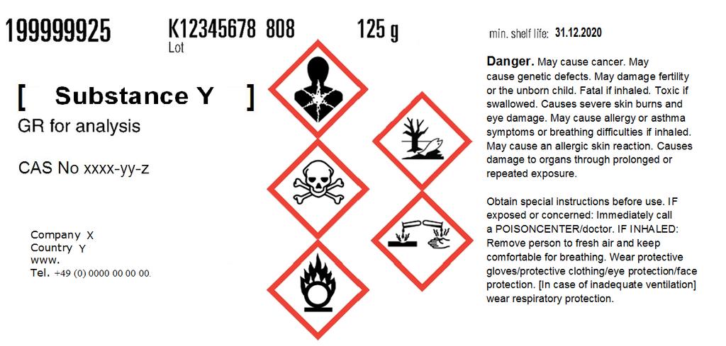 7 8 9 0 7 8 9 0 7 8 9 0 Example 8: Hazardous solid substance in a ml bottle The example given in this sub-section represents a one-language label for small packaging for a solid substance Y which is