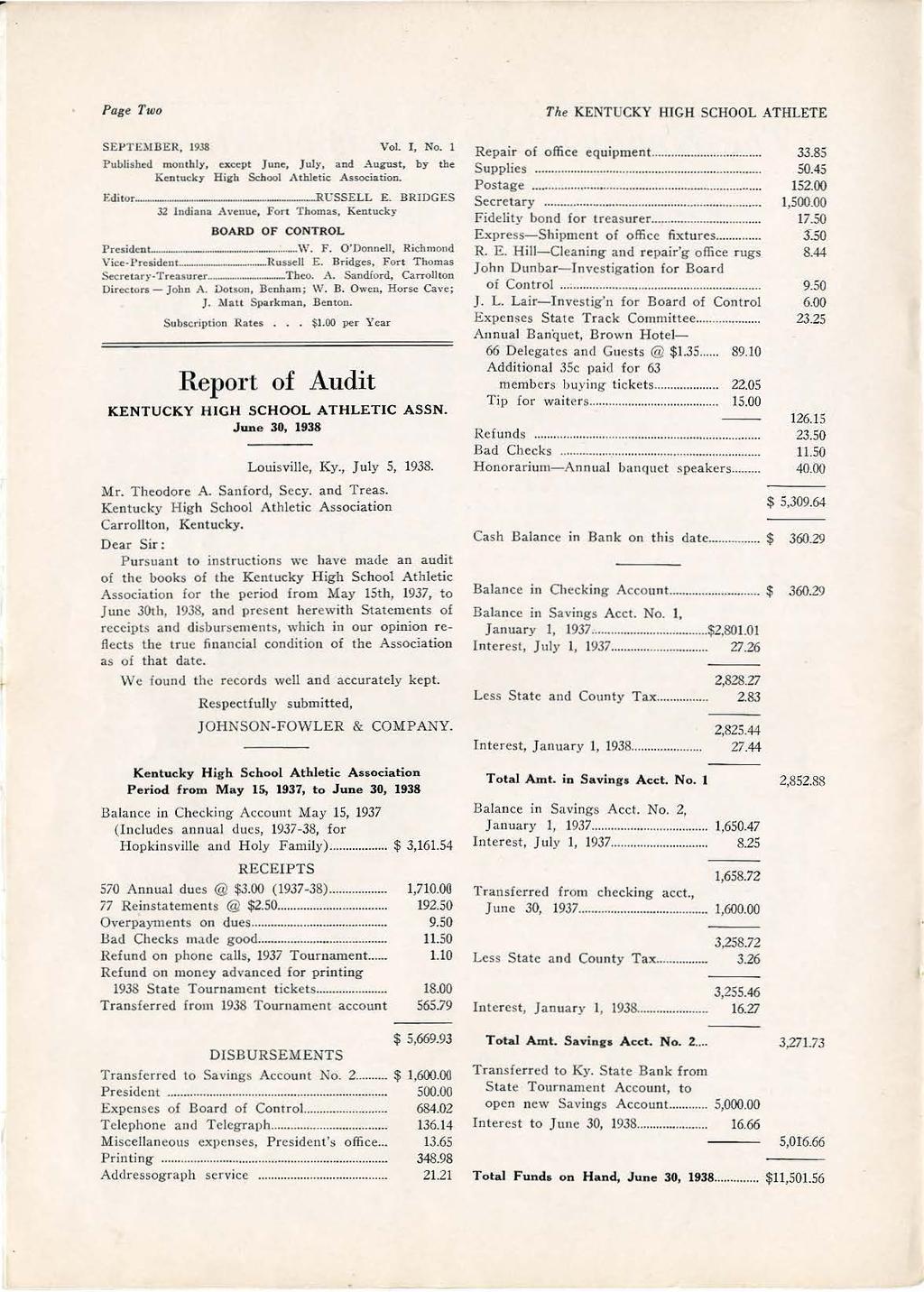 Page Two The KENTUCKY HGH SCHOOL ATHLETE SEPT :.\DER, 1938 Vol., No. 1 Publshed monthly, except June, July, and August, by tbe Kentucky H&h School Athletc Assocaton. F.dtor... - - ---- -RGSSEL L.