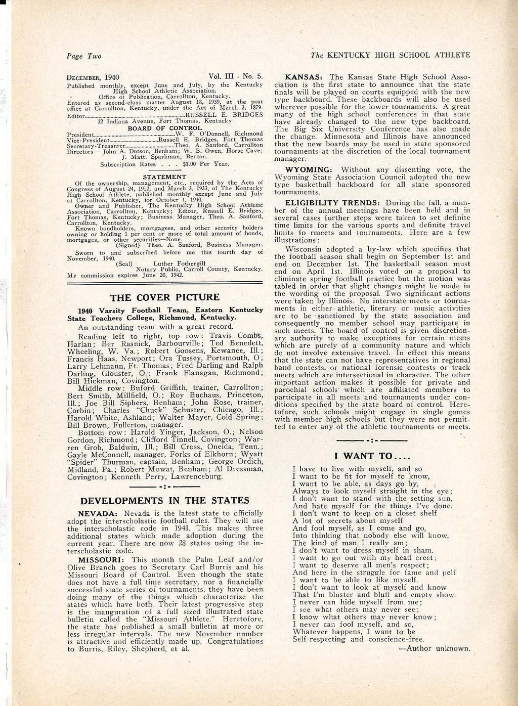 Page Two DECEMBER, 194{) Vol. - No. 5. Publshed mont hly, except J u ne and July, by the Kemucky H gh School Athletc Assocaton. Offce of Publcaton, Carrollton, Kentuck y.