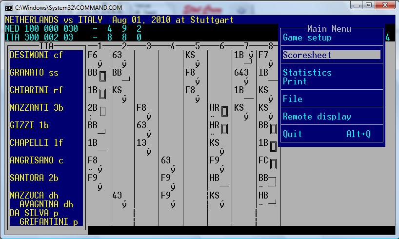 This example shows how the program shows the plays during the game, quite similar to a score sheet. During a game, do not close this window: you better minimize it.