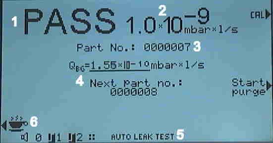 After the settings the display screen shows in STAND-BY this picture: Test of parts Fig. 6-7 1 Test result 4 Background 2 Measured leak rate 5 Mode 3 No.