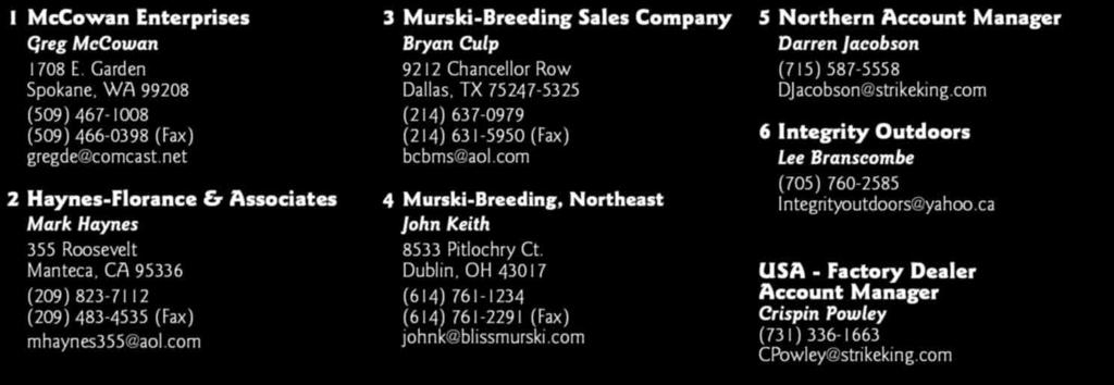 com Strike King Sales Representatives 3 Murski-Breeding Sales Company Bryan Culp 9212 Chancellor Row Dallas, TX 75247-5325 (214) 637-0979 (214) 631-5950