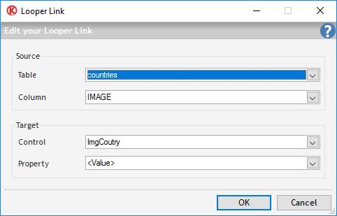 9.4. Create Looper Links with the Database. Here, each Source from the database is linked to the desired Controls placed in the Looper. Display the Countries Name in the Lbl_Country Label. 9.5.