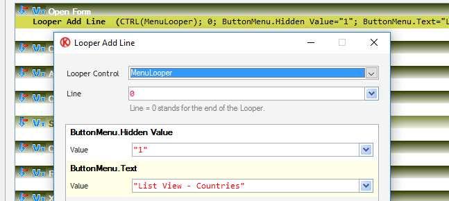 In Form Properties use the Action Looper Add Line, select the Looper Control, use the value 0 in the line
