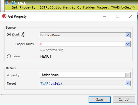 9. Next, the Button Click Event needs to be configured to open a different Form depending on its Hidden Value property.