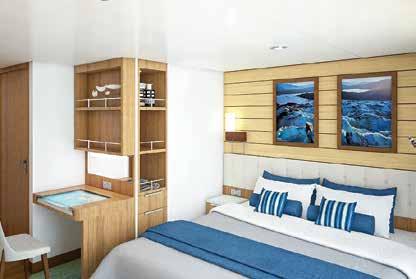 Left to right: (Artist s renderings) Category 5 cabin is our most spacious. Category 4 cabin with lower single beds converted to a Queen and a private balcony.