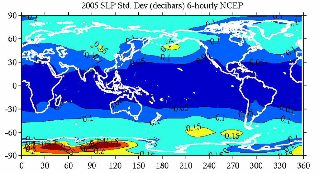 However, the standard deviation of 4xdaily NCEP seal-level pressure values for the year 2005, (Fig. 8) is generally < 0.05 dbar over much of the globe, and > 0.