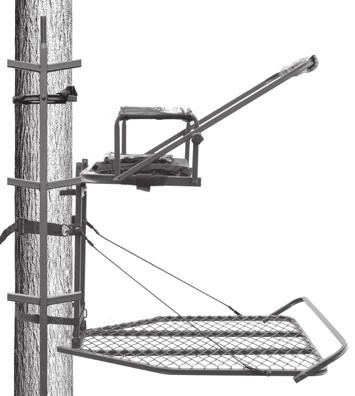 Once the platform stabilizing strap (J) is tight, check to make sure the tree connection brace (D) is firmly seated against the tree trunk.