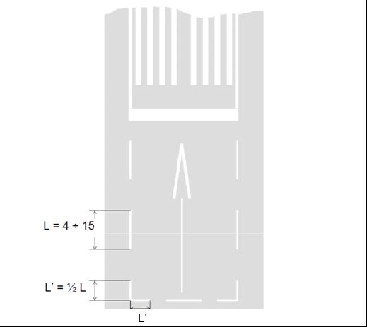 Figure GM-L-1. Dashed runway side stripe marking Runway width (m) Single dash dimensions Length (minimum m) Width (m) 60 15 0.45 45 15 0.45 30 10 0.45 23 6 0.25 18 4 0.