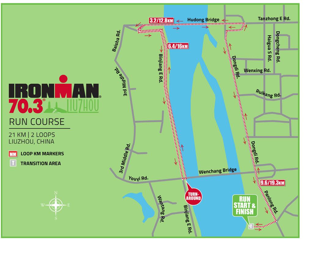 RUN COURSE SUMMARY The two-loop run course offers the athletes a chance to see the scenes of the city as it will take them through downtown Liuzhou and along both banks of the Liu River.