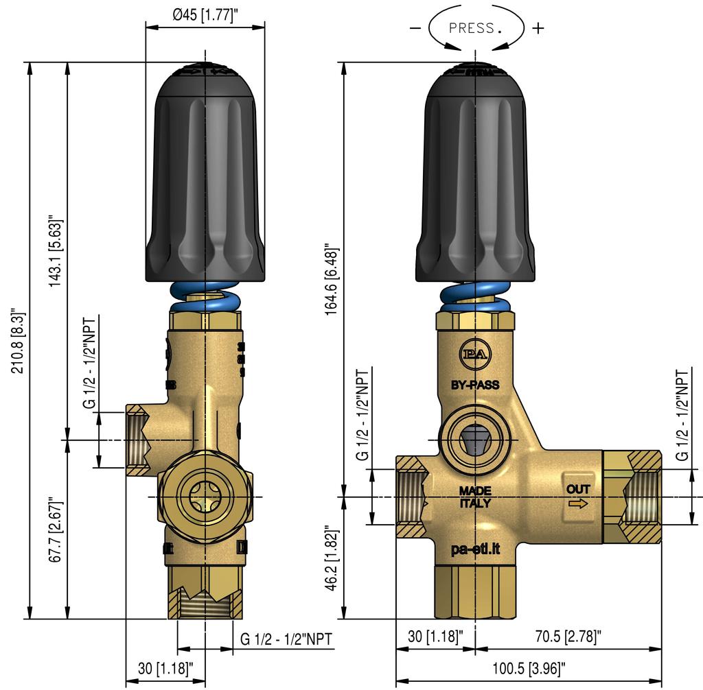 Ultimo aggiornamento: 20/09/12 DESCRIPTION The valve has two inlet ports with Bsp 1/2 F thread (1/2 NPT F). If the valve is fed through the lower inlet port, the maximum flow rate is 40 l/min (10.