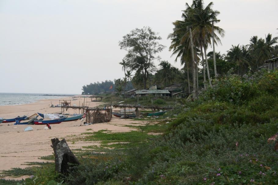 Photo 2.1: Kuala Abang, Terengganu. A fishing village situated mid-way down the coast of Terengganu. Small fishing boats are hauled on to the beach and tethered to stakes near the edge of the village.