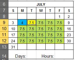 total the hours worked - For each month, select the cell range of cells (days) by holding down on Ctrl and selecting each cell (only select the ones that are yellow).