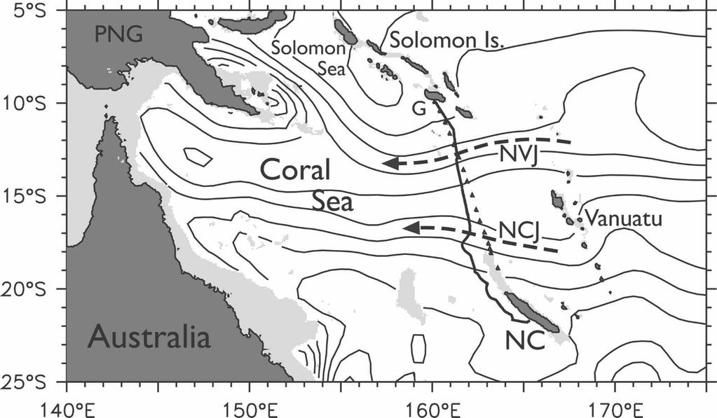716 J O U R N A L O F P H Y S I C A L O C E A N O G R A P H Y VOLUME 38 FIG. 1. Overview map of regional features of the southwest Pacific showing the track lines of the glider and cruise.