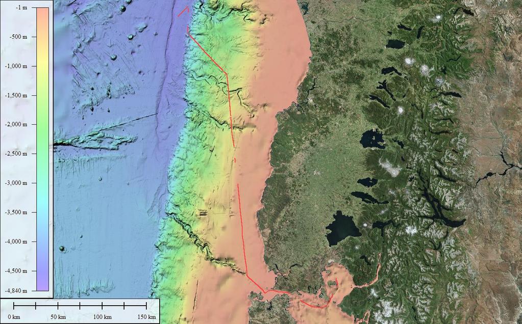 Swath Coverage Assessment Figure 14. Red line shows the trackline where bathymetric data included in the swath coverage assessment test was collected.