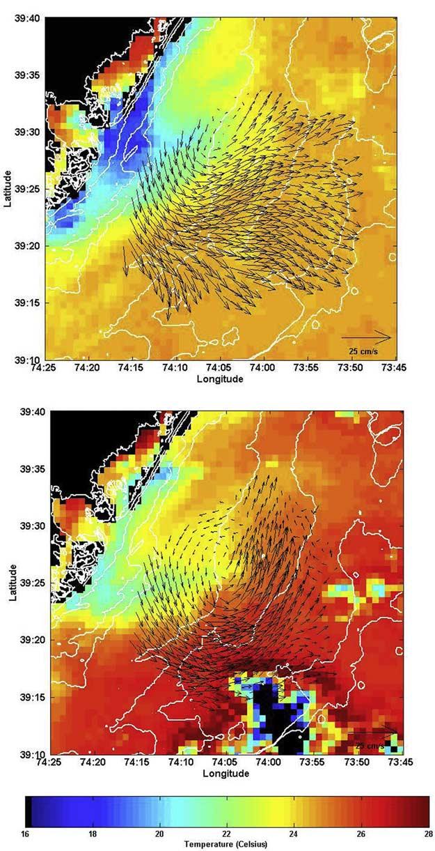 Figure 6. Overlay of sea-surface temperature from AVHRR and low-passed surface currents from CODAR for (top) 21 July 0820 GMT and (bottom) 23 July 1135 GMT.