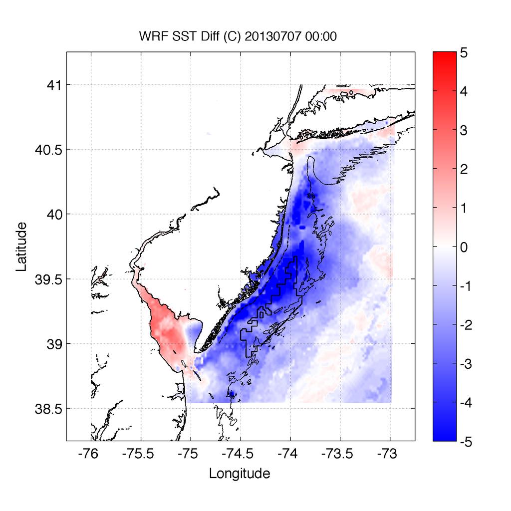 6A (the same as the difference between Fig. 1 and 2). Differences are widely -4 to -5 C offshore NJ due to the presence of intense coastal upwelling from July 7, 2013 (Fig.