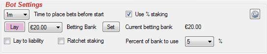 This can be value between 5 seconds and 3 days before start time of market. Back (Lay) button - clicking on this button you are changing the type of bets that bot will place on favorite.