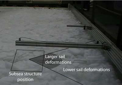 Figure 7. Sail deformation, starboard, 209 s, test series 1000. Figure 8. Rubble accumulation seen from behind, starboard, test series 1000, 209 s. In the test series 2000, the cube was only 0.