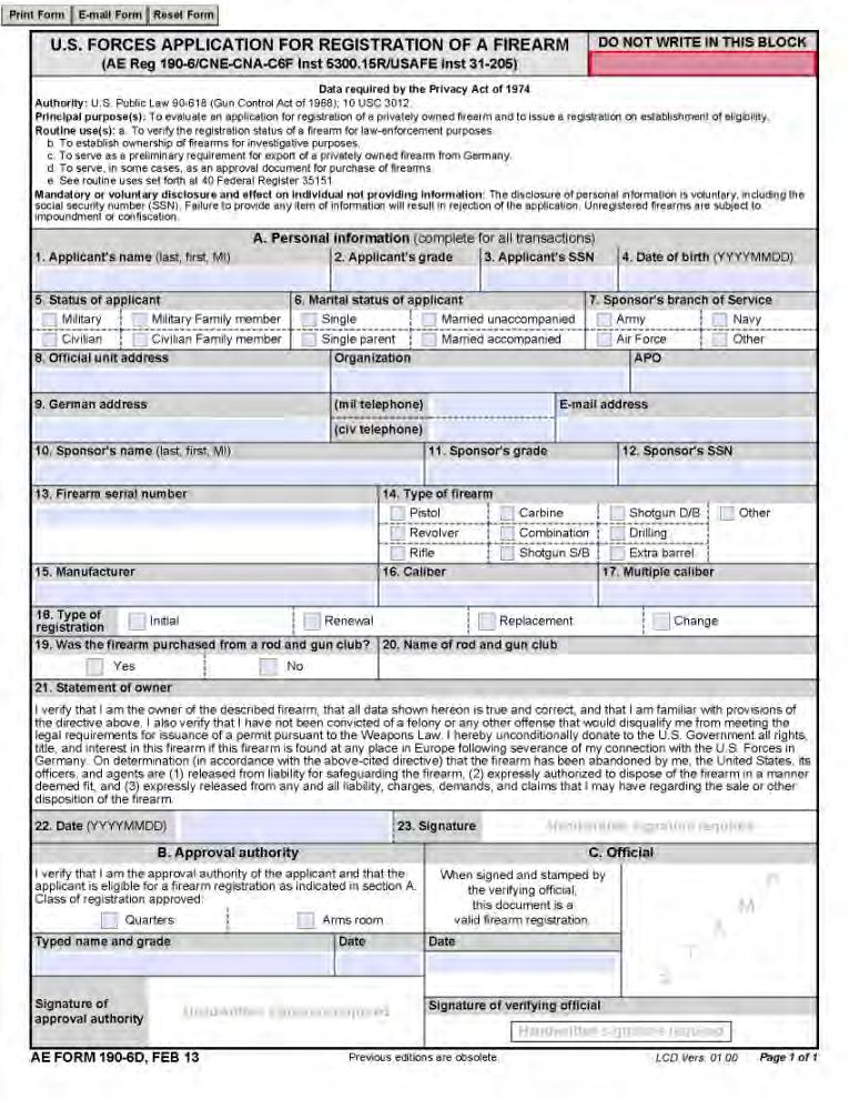 AE Form 190-6D Application for Firearm