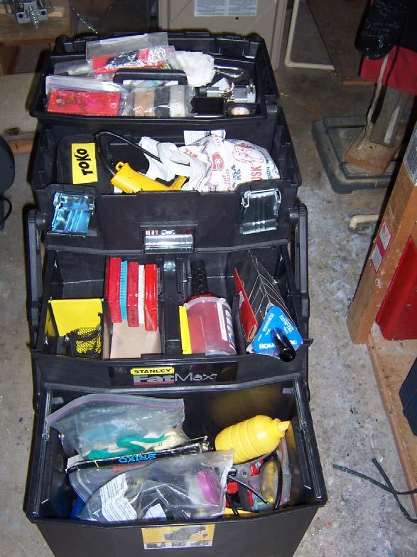 Tool Box started off life as a glide wax box, but carries tools used for both techniques now, including: Scrapers, polishers, theromoeters, pens, misc. tools, scraper sharpeners etc.