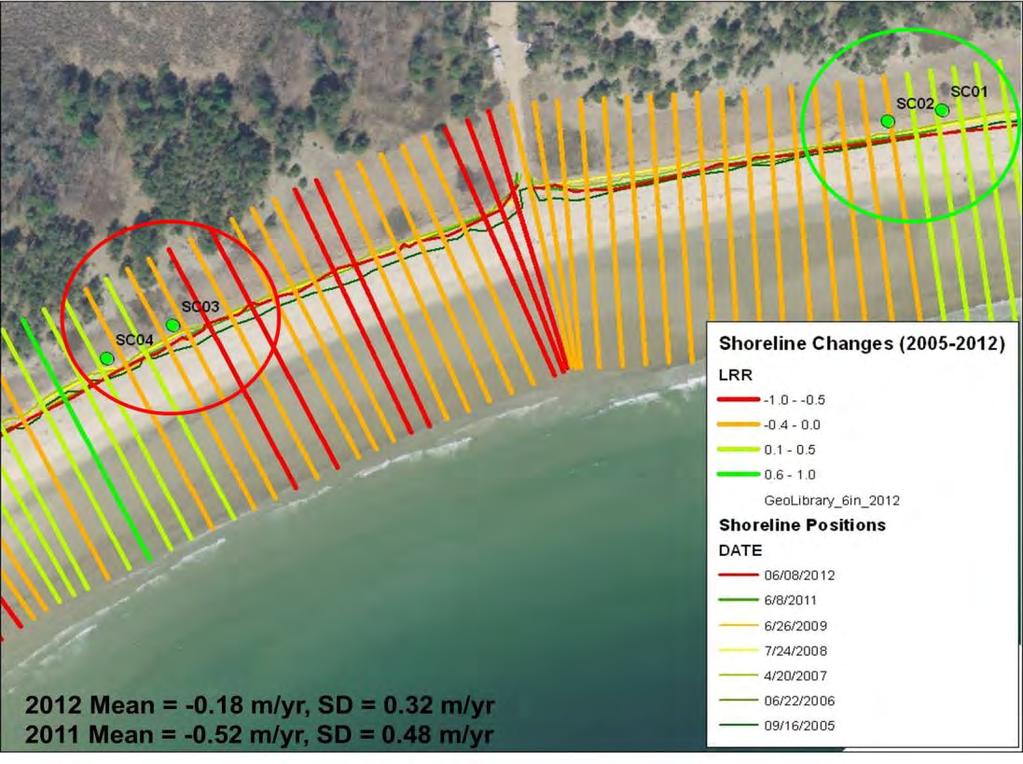 A close up view of the data (Figure 25) indicated that north (to the right, circled in green) of the access path, erosion was not nearly has high as south (to the left,