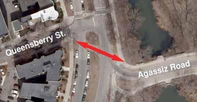 This suggests that most pedestrians coming to and from Queensberry Street area and Agassiz Road do not use the existing crosswalk, but rather follow the more direct line of travel and cross Park