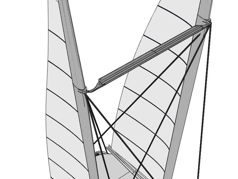 THE STRUT CONNECTIONS TO THE WINGS. This is the one area which needs to be carefully dimensioned to allow the wing masts to rotate as far as possible in each direction.