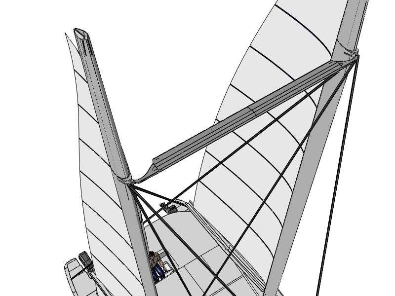 The connection is a custom designed fork and fork style fitting. This is 240 degrees of rotation compared to about 80 degree for the regular cat rig's main sail, today. While sailing 70ft.