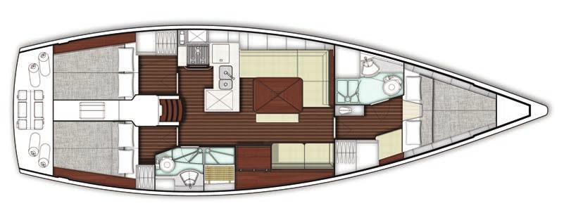 Large saloon with seating for 6 around the table, plus additional sofa on starboard side. Dedicated forward facing nav station with ample space for charts.