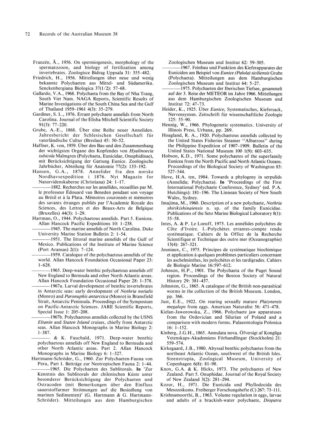 72 Records of the Australian Museum 38 Franzen, A., 1956. On spermiogenesis, morphology of the spermatozoon, and biology of fertilization among invertebrates. Zoologisce Bidrag Uppsala 31: 355-482.