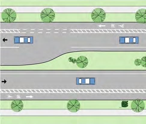 In the proposed condition, two lanes of through traffic are eliminated and bicycle lanes are added.