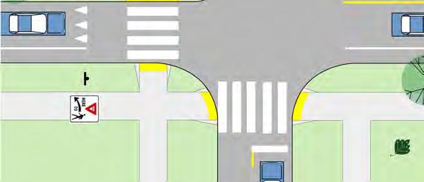 Unsignalized Tee Intersection with Turn Lane Guidelines Description At unsignalized Tee intersections with center turn lanes, the marked crosswalk is located to the left of the intersecting street