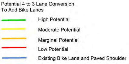 Fig. 2.3D. Bike Lane Potential Through 4 to 3 Lane Conversion Legend Four lane roads may be converted into three lane roads with bike lanes.