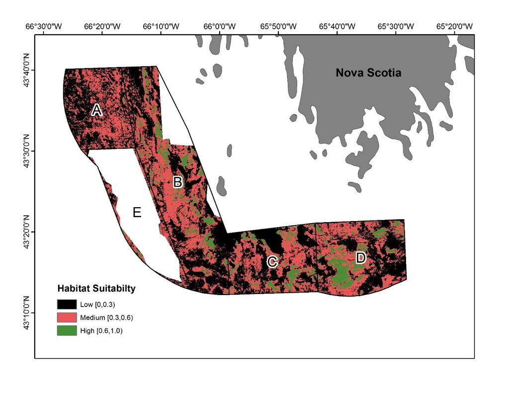Figure 2. Scallop habitat suitability map from the Maxent Species Distribution Model binned by Low [0, 0.3), Medium [0.3, 0.6), and High [0.