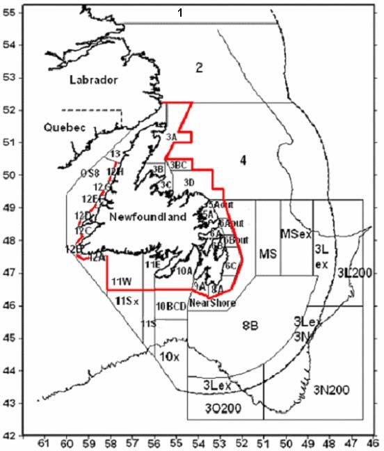 Figure 1. Newfoundland and Labrador Snow Crab Management areas. (Red line shows division of inshore vs. offshore CMAs).