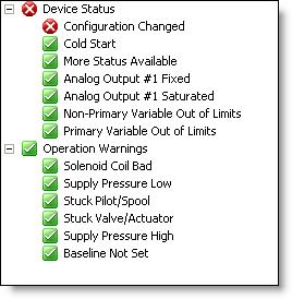 AMI71 Diagnostics / Status Device Status has status/warning flags for HART related communications. Operation Warning will give warning indications about the function of the device.