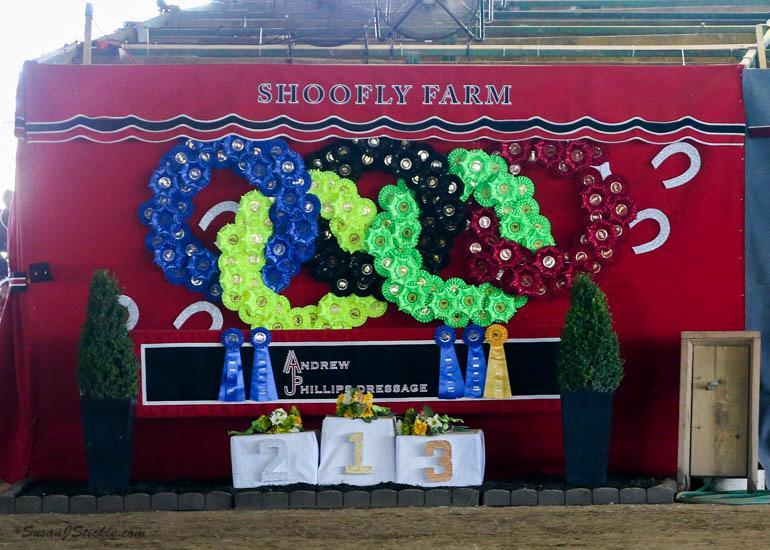 Rode to Rio Stall Decorating Contest Shoofly Farm, the CDI title sponsor, won the stall decorating contest with their Olympic ring design fashioned from HDS ribbon rosettes. How clever!