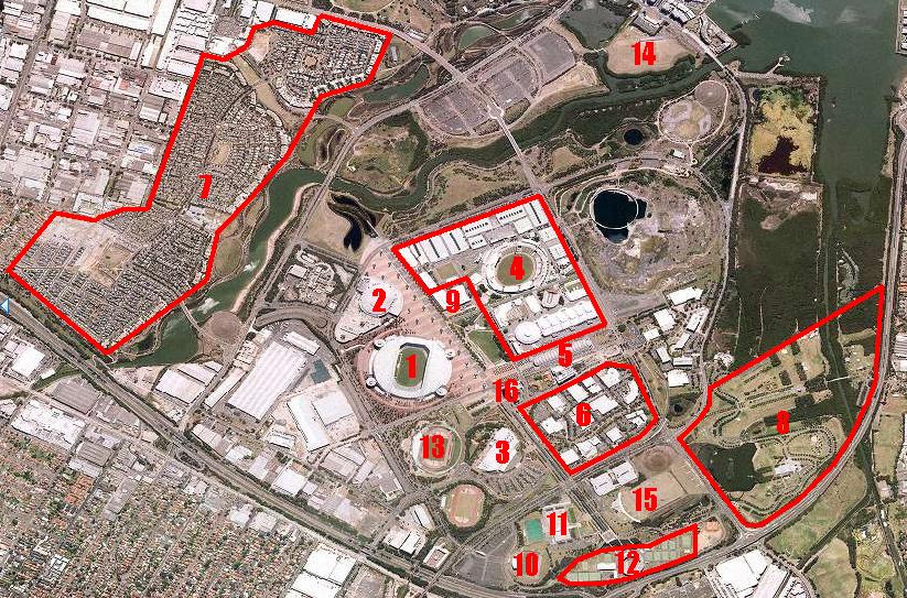 Sydney Olympic Park Archery Centre (14); Golf Centre (15); and Novotel and Ibis Hotels (16). Figure 11 - Sydney Olympic Park (Source: base map from whereis.com, 2007) 4.