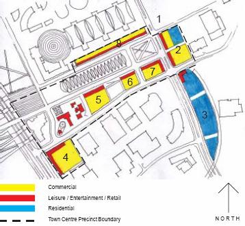 Figure 20 - Town Centre Uses and Development Sites (Source: SOPA, 2002a) In total 1300 apartments are to be built on the site, which equates to approximately 3000 residents.