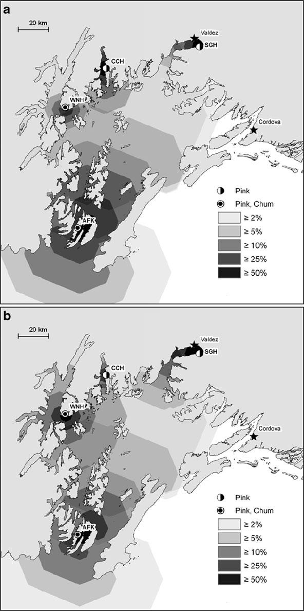 190 Environ Biol Fish (2012) 94:179 195 Fig. 3 Predicted percentages of hatchery pink salmon within PWS streams at various distances (km) from hatcheries during (a) 2008 (b) 2009 and (c) 2010.