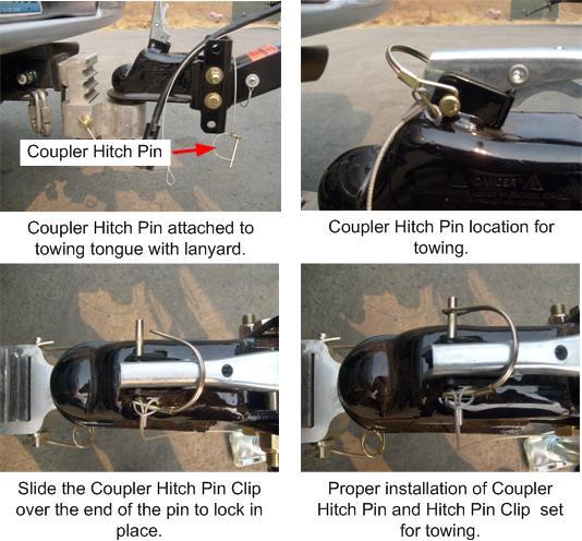CAUTION: DO NOT tow the mobile wall without the Coupler Hitch Pin properly set in place on the coupler latch handle. Attach the two Towing Safety Cables to the tow vehicle s hitch.