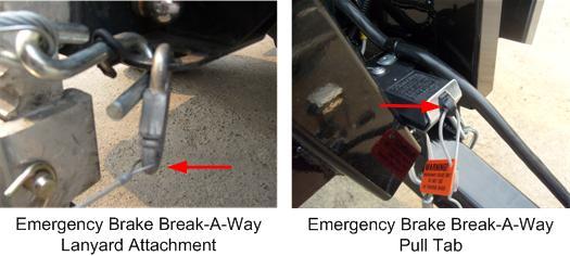 Ensure the emergency brake break-a-way switch pull tab is fully inserted into the break-a-way switch.