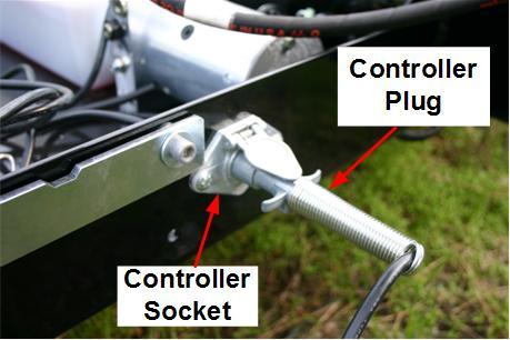 Attach the hydraulic lift pump controller. Insert the metal plug attached to the controller to the controller socket attached to the pan of the trailer base.